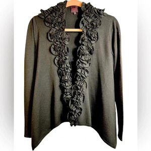 Drapey black cardigan, L, ruffle flower detail, Whimsigoth Romantic Feminine